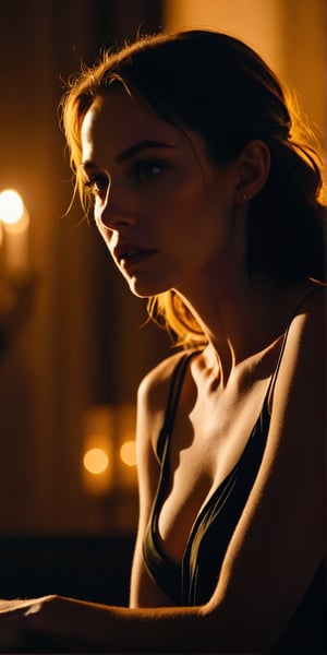 A cinematic shot of a woman sitting nervously in anticipation. The camera frames her from the waist up, focusing on her trembling hands clasped together in her lap. Soft, golden lighting casts a warm glow on her pale skin, accentuating her features. Her eyes, shining with contained lust, meet his gaze directly, conveying a mix of admiration and nervousness. The demon stands tall behind her, his massive frame looming in the background, casting a dark silhouette. The air is thick with tension as she waits for him to make the first move, her body language screaming I've been waiting so long...
