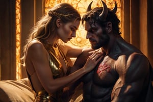 A hyper-realistic composition captures the tense moment as she finally meets her demonic lover. Soft, golden lighting illuminates her sultry body and anxious expression, highlighting the nervous tremble of her hands as they rest in her lap. Her eyes, bright with anticipation, lock onto his as she takes in his imposing figure. The demon's massive size and intimidating aura are palpable, but her gaze remains fixed on him, a mix of admiration and lust simmering beneath the surface. The air is thick with unspoken desire, contained for so long.