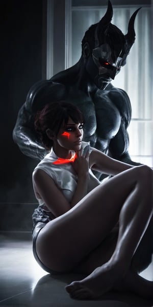 A hyper-realistic wide shot composition captures the tense moment as she finally meets her demonic lover. Intense, white lighting illuminates her sultry body and anxious expression, highlighting the nervous tremble of her hands as they rest in her lap. Her eyes, bright with anticipation, lock onto his as she takes in his imposing figure. The demon's massive size and intimidating aura are palpable, but her gaze remains fixed on him, a mix of admiration and lust simmering beneath the surface. The air is thick with unspoken desire, contained for so long.