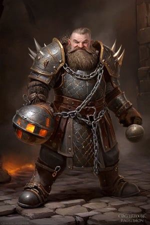 dwarf cleric in full plate armor, (((his flail has a forged chain attached to a ball of hot iron with spikes))), elaborate baroque filigree decoration engraved in the armor with copper and iron filigree, epic action pose, devoted hero ,greg rutkowski