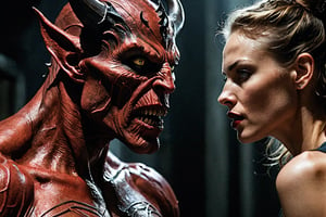 A hyper-realistic composition captures the tense moment as she finally meets her hideous demonic lover. Intense lighting illuminates her sultry body and anxious expression, highlighting the nervous tremble of her hands as she bites her own lip. Her eyes, bright with anticipation, lock onto his as she takes in his imposing figure. The demon's massive size and intimidating aura are palpable, but her gaze remains fixed on him, a mix of admiration and lust simmering beneath the surface. The air is thick with unspoken desire, contained for so long.