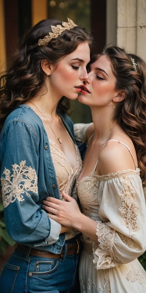 In a soft focus, warm-toned frame, two women embrace in a passionate kiss. Vintage Era Girl, resplendent in her Art Nouveau-inspired finery - flowing curls, ornate lace, and gemstone-encrusted jewelry - wraps her arms around College Student Girl, dressed in modern casual attire: distressed denim, a graphic t-shirt, and sneakers. The contrast between their styles is striking as they lose themselves in the intimate moment, amidst lush greenery and warm golden light.