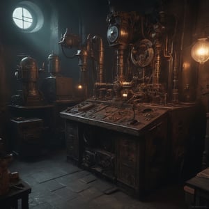 (8K, raw photo, highest quality, Masterpiece: 1.2), a chamber full of steampunk machines controlled by demons,(( one stealthy elf sabotaging a small machine)),
the scene happens in a mechanical fortress in hell.