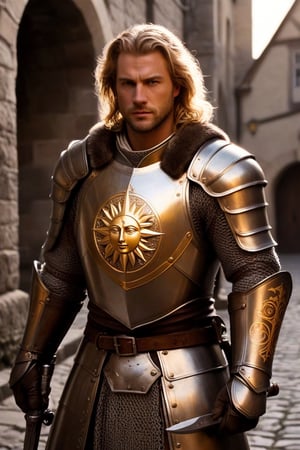 (full-body shot view, masterpiece, best quality, highres), a 35 years old male paladin warrior,  (holding his helmet in one hand and one sword in the other hand), charismatic appearance, strong virile features, (curly blond hair), green eyes, shiny full-plate armor with baroque filigree, the withdrawn helmet suits perfectly the rest of the full-plate armor, (((a schematic sun with pointy rays is engraved on the chest))), ((he wields one medieval great sword decorated with silver and golden filigree))), heroic pose, epic pose, background of a medieval town out of focus