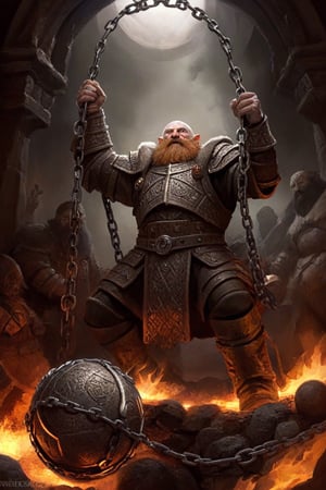 a young dwarf cleric in full plate armor in hell, (((the dwarven cleric charges into battle swinging a chained ball of iron with terrible spikes))), elaborate baroque filigree decoration engraved in the armor with copper and iron filigree, epic action pose, devoted hero ,greg rutkowski