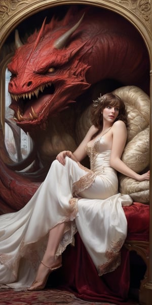 In a lavish Art Nouveau bed, a stunning maiden indulges in forbidden passion with a behemoth demon lying in bed with her. Uneven couple passionate embracing in bed. Her curves are modestly concealed by elegant channel dress. The monstrous creature'slong tongue and lewd lips are dripping crimson blood. her face expreses her overwhelming pleasure and surprise while she fully embraces her own corruption. 