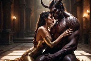 A hyper-realistic composition captures the tense moment as she finally meets her demonic lover. Soft, golden lighting illuminates her sultry body and anxious expression, highlighting the nervous tremble of her hands as they rest in her lap. Her eyes, bright with anticipation, lock onto his as she takes in his imposing figure. The demon's massive size and intimidating aura are palpable, but her gaze remains fixed on him, a mix of admiration and lust simmering beneath the surface. The air is thick with unspoken desire, contained for so long.