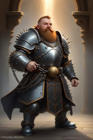 dwarf cleric in full plate armor, ((wielding a weapon with a short chain attached to a spiked ball of hot iron hanging)), elaborate baroque filigree decoration engraved in the armor with copper and iron filigree, epic action pose, devoted hero ,greg rutkowski