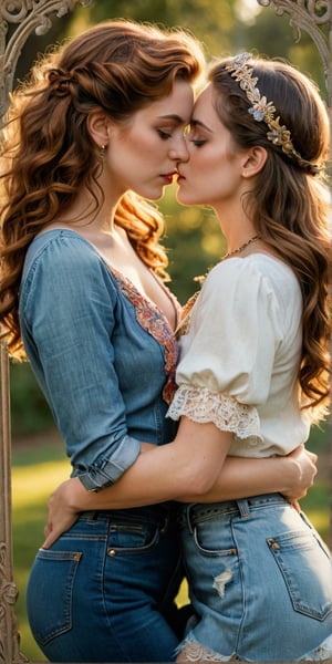 In a soft focus, warm-toned frame, two opposite women embrace in a passionate kiss. one is a Vintage Era Girl, resplendent in her Art Nouveau-inspired finery - flowing curls, ornate lace, and gemstone-encrusted jewelry - wraps her arms around a College Student Girl, dressed in colorful modern casual attire: distressed denim, a graphic t-shirt, and sneakers. The contrast between their styles is striking as they lose themselves in the intimate moment, rolling over each other amidst lush greenery and warm golden light.
