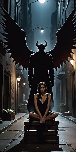 A dimly lit alleyway, the air thick with tension. She sits on a worn crate, her hands clasped together in a nervous grasp, as he emerges from the shadows. His imposing figure looms before her, the demon's massive wings casting an eerie silhouette against the flickering streetlights. Her eyes, aglow with a mix of trepidation and longing, drink in his intimidating presence, her contained lust simmering just beneath the surface like a cauldron about to boil over.