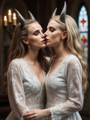 (8K, raw photo, highest quality, Masterpiece: 1.2), one demon and one girl, two girls temptation scene. One evil sexy brunette demon woman with horns and freak pointy ears and dark attire is kissing a beautiful innocent pure human platinum blonde girl in sheer translucent white tunic. Intricate embroidery with filigree. 
 The human girl's juvenile holy innocence contrasts with the demon's evil voluptuosity. Hourglass bodies, long legs,  
Uneven couple,
Detailed female faces, perfect clear eyes, perfect teeth, intricately sculpted facial beauty, female beauty, seduction, pretty face, 
(The scene happens in a mysterious shrine with stained glass illuminated by candles and fire)