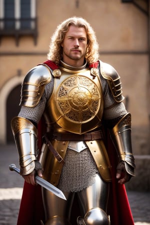 (full-body shot view, masterpiece, best quality, highres), a 35 years old male paladin warrior holding his helmet, charismatic appearance, curly blond hair, green eyes, shiny full-plate armor with baroque filigree, the withdrawn helmet suits perfectly the rest of the armor, full-plate armor decorated with a sun with shiny rays engraved on the chest, he wields one medieval great sword decorated with silver and golden filigree, heroic pose, epic pose, background of a medieval town out of focus