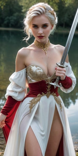 (8K, raw photo, highest quality, Masterpiece: 1.2), one wealthy sexy beautiful 18 years old white-haired girl holding an epic medieval magic sword, ((seducing the viewer)), opens her crimson jacket, (holding crimson jacket's flaps open to show off her full body), raising a knee, high heels, (((frail body modestly covered by a sheer white tunic with gold filigree embroidery))), peachy fuzz ,classic chignon or French twist updo exude sophistication and grace, (youth freckles:0.75), gold choker,excited, seductive smirk,
the scene happens in a magical arthurian lake, better photography,seethrough big breasts, piercing sky-blue eyes,