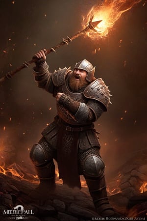 a young dwarf cleric in full plate armor in hell, (((swinging a medieval spiked flail into battle))), swinging a terrible flail, elaborate baroque filigree decoration engraved in the armor with copper and iron filigree, epic action pose, devoted hero ,greg rutkowski