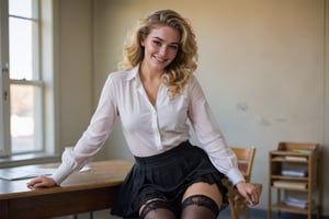 A sultry close-up shot of a young woman sitting on a desk in a college classroom, with a playful and coy expression. glamorous hairstyle with golden locks cascade.  undone blouse, skinny waist, small frame,petite built. She's wearing a flying skirt that rises slightly as she casually raises one leg, revealing the lace trim of luscious thigh-highs and garter just at the limits between her thigs and her buttocks. The camera captures her innocent smile, leaving the viewer wondering if she's aware of her own sensuality or just being playful. Soft, natural lighting illuminates her features, with a shallow depth of field blurring the background to emphasize her face and legs. The composition focuses on her legs and upper body, drawing attention to the subtle sexuality of the scene.