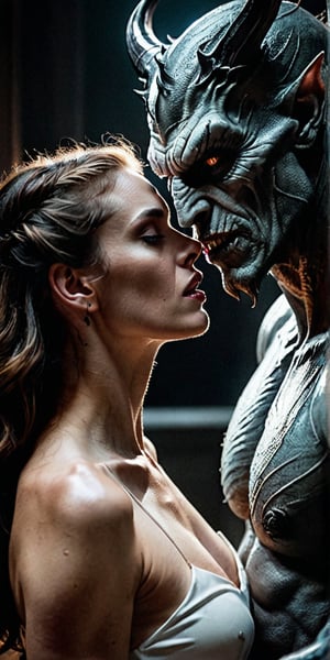 A hyper-realistic wide shot composition captures the tense moment as she finally meets her hideous demonic lover. Intense, white lighting illuminates her sultry body and anxious expression, highlighting the nervous tremble of her hands as she bites her own lip. Her eyes, bright with anticipation, lock onto his as she takes in his imposing figure. The demon's massive size and intimidating aura are palpable, but her gaze remains fixed on him, a mix of admiration and lust simmering beneath the surface. The air is thick with unspoken desire, contained for so long.