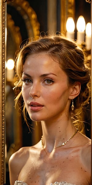 A close-up shot of the young woman's face, her expression a mix of fascination and unease, as she gazes into the mystical mirror. The framing highlights her slender neck and defined jawline. Soft, golden lighting illuminates her features, casting a subtle glow on her skin. In the reflection, the bimbo bombshell strikes a sultry pose, one leg cocked to the side, with a playful wink at the camera. The mystical mirror's ornate frame appears in the background, adorned with ancient runes and mysterious symbols, as if beckoning the viewer into its depths.