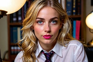 Close-up shot of a stunning college student, blonde hair messy and eyes sparkling with mischief, leaning in to whisper something saucy in her professor's ear. The dimly lit office is filled with the scent of freshly opened books and a hint of tension as she playfully bats at his tie. Her bright pink lip gloss glistens in the soft glow of the desk lamp.