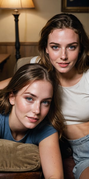 A sultry close-up shot of two young women sitting on a worn, wooden couch in a dimly lit college classroom. The warm glow of a nearby lamp casts an intimate ambiance, highlighting their playful and coy expressions. Oversized cleavages and skinny waists accentuate their petite frames as one woman leans forward, assertively inviting the viewer with a mischievous glint in her eye. Meanwhile, her friend lies prone on the couch, taken by surprise by her companion's advances, her face a mix of eagerness and hesitation.