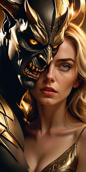 A hyper-realistic close-up shot captures the tense moment as she finally meets him. Soft, golden lighting illuminates her anxious expression, highlighting the nervous tremble of her hips as they rest in his lap. Her eyes, bright with anticipation, lock onto his as she takes in his imposing figure. The demon's massive size and intimidating aura are palpable, but her gaze remains fixed on him, a mix of admiration and lust simmering beneath the surface. The air is thick with unspoken desire, contained for so long.