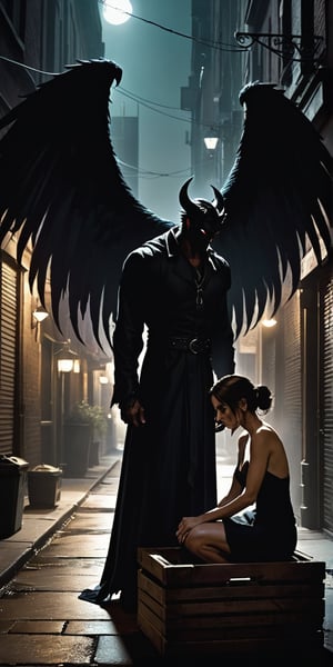 A dimly lit alleyway, the air thick with tension. She sits on a worn crate, her hands clasped together in a nervous grasp, as he emerges from the shadows. His imposing figure looms before her, the demon's massive wings casting an eerie silhouette against the flickering streetlights. Her eyes, aglow with a mix of trepidation and longing, drink in his intimidating presence, her contained lust simmering just beneath the surface like a cauldron about to boil over.