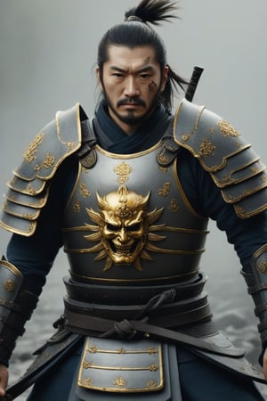 (mid shot view, masterpiece, best quality, highres), a samurai fallen in hell, typical samurai face, he wears a full-plate gray armor, armor decorated with golden 
 engraved griphons and engraved golden skulls and big chains, he wields one long katana and one medieval long sword, heroic pose, epic pose