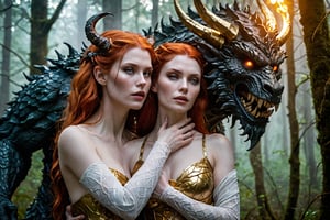 A fiery-haired beauty, her porcelain skin aglow with golden candlelight, wraps herself around a towering demon's monstrous form. His scaly arms encircle her tiny waist as she tilts her head back in ecstasy, eyes shut tight to savor the moment. The dark, misty forest surrounds them, ancient trees looming like sentinels in the background.