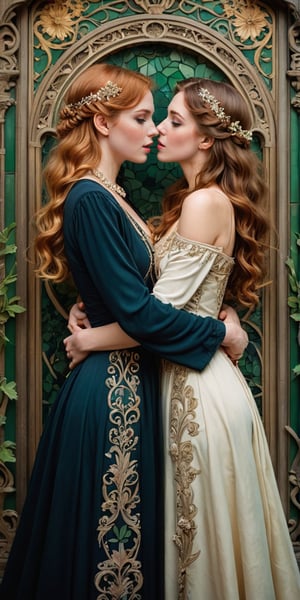 A whimsical Art Nouveau-inspired portrait of two women locked in a romantic embrace. Vintage elegance radiates from the woman dressed in flowing gowns, intricate jewelry, and ornate hairstyles, evoking the opulence of the era. Meanwhile, her modern counterpart wears laid-back college attire, her messy hair and casual style a stark contrast to the art nouveau flair. Soft candlelight illuminates their faces, casting a warm glow on their tender lips as they share a passionate kiss amidst lush greenery, with ornate ironwork or intricate tiles forming a subtle backdrop.