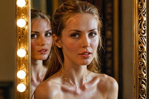 A close-up shot of the young woman's face, her expression a mix of fascination and unease, as she gazes into the mystical mirror. The framing highlights her slender neck and defined jawline. Soft, golden lighting illuminates her features, casting a subtle glow on her skin. In the reflection, the bimbo bombshell strikes a sultry pose, one leg cocked to the side, with a playful wink at the camera. The mystical mirror's ornate frame appears in the background, adorned with ancient runes and mysterious symbols, as if beckoning the viewer into its depths.