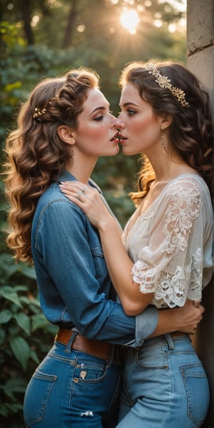 In a soft focus, warm-toned frame, two women embrace in a passionate kiss. Vintage Era Girl, resplendent in her Art Nouveau-inspired finery - flowing curls, ornate lace, and gemstone-encrusted jewelry - wraps her arms around College Student Girl, dressed in modern casual attire: distressed denim, a graphic t-shirt, and sneakers. The contrast between their styles is striking as they lose themselves in the intimate moment, amidst lush greenery and warm golden light.