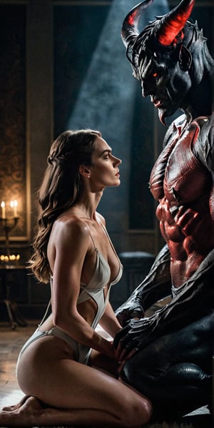 A hyper-realistic wide shot composition captures the tense moment as she finally meets her huge demonic lover. Intense, white lighting illuminates her sultry body and anxious expression, highlighting the nervous tremble of her hands as they rest in her lap. Her eyes, bright with anticipation, lock onto his as she takes in his imposing figure. The demon's massive size and intimidating aura are palpable, but her gaze remains fixed on him, a mix of admiration and lust simmering beneath the surface. The air is thick with unspoken desire, contained for so long.