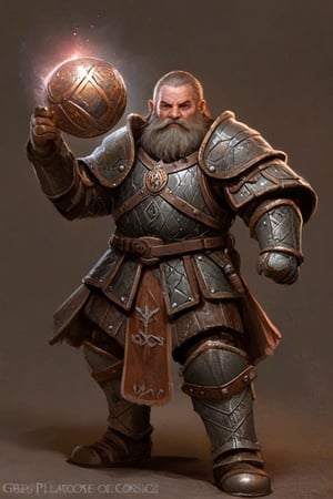 dwarf cleric in full plate armor, (((wielding a single-ball flail))), elaborate baroque filigree decoration engraved in the armor with copper and iron filigree, epic action pose, devoted hero ,greg rutkowski