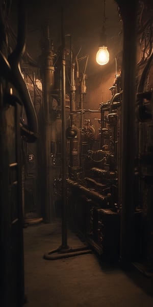 (8K, raw photo, highest quality, Masterpiece: 1.2), a chamber full of steampunk machines controlled by demons, one stealthy elf sabotaging a small machine,
the scene happens in a mechanical fortress in hell.