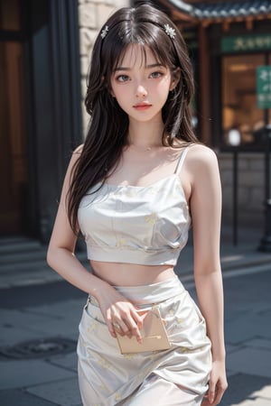 (1 Korean star with royal sister style), ((best quality, 8k, masterpiece: 1.3)), focus: 1.2, perfect body beauty: 1.4 , (smile), (city street: 1.3), highly detailed face and skin texture, delicate eyes, double eyelids, whitened skin, (air bangs: 1.3), (round face: 1.5), (slim hip skirt: 1.4),Young beauty spirit ,ZGirl,SharpEyess,Realism,Detailedface,Makeup,More Detail,asian girl,colorful_girl_v2,AgoonGirl,Portrait,iu