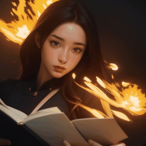 1 girl,{{Floating Fire Magic Spell and a burst of flam}},book,looking at viewer,close-up, cowboy shot,cinematic lighting, volume lighting, light particlestachie,dynamic angle ,ray tracing,, best quality, amazing quality, very aesthetic, absurdres
