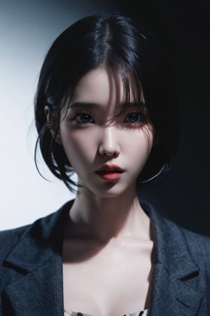 Korean woman with short hair and thick lips around 30 years old, dark night street background, natural lighting on woman's face,  Add a mole to your face, ,m4d4m,arshadArt,iu