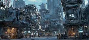 (Masterpiece), high-tech alien city, high-tech buildings, streets, spaceships, exquisite alien mechanical satellites in the background, aliens walking on the street