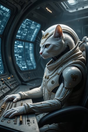 The first manned experiment on a starship, a white cat wearing a spacesuit with many high-tech blue light panels and an alien streamlined high-tech helmet with golden metal lines and a mysterious, noble and indescribable temperament. , sitting in the cockpit operating the suspended virtual panel with both hands, operating the switches inside the spacecraft, the operator's handsome and mysterious temperament is amazing,