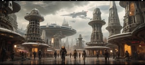 (Masterpiece), high-tech alien city, high-tech buildings, streets, spaceships, exquisite alien mechanical satellites in the background, aliens walking on the street