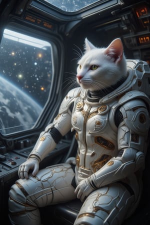 The first manned experiment of a starship, a white cat wearing a spacesuit. There are many high-tech equipment panels on the spacesuit, with golden metal lines. Sitting in the cockpit, his hands operate the suspended virtual panels, and the switches inside the spacecraft are operated. The member’s expression was relaxed,