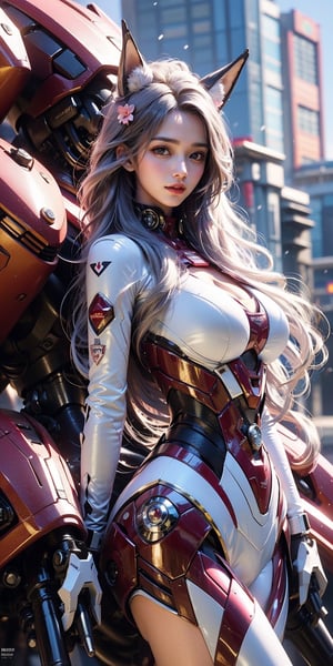 The beautiful 18-year-old Japanese girl has big eyes, a plump body, long legs, unreal and ethereal, and her long hair is blown by the wind, showing her beauty and amazing. Passionate and dynamic caressing beautiful breasts, girl, the mecha covers the other exposed large areas of skin on the breasts, smiling coquettishly, hands together are like hearts
Best picture quality, high resolution, 8k, realistic, sharp focus, realistic image of elegant lady, Korean beauty, supermodel, pure white hair, blue eyes, wearing high-tech cyberpunk style white fox suit with red edges, Radiant, sparkling suit, mecha, perfectly customized high-tech suit, ice and snow cherry blossom theme, customized design, 1 girl, mecha