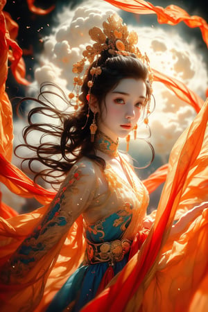 
Real photo style, a close-up of a miniature strange girl with a full moon in the sky. The girl is Chang'e, an ancient Chinese legend. She wears the costume of an ancient Chinese palace noble and flies to the moon like a superman and a fairy. She has a transparent ribbon fluttering in the wind and holds a plate in her hand. Chinese moon cakes, with cute little white rabbits running to the moon at their feet, create an eternal and charming beauty that is delicate and delicate