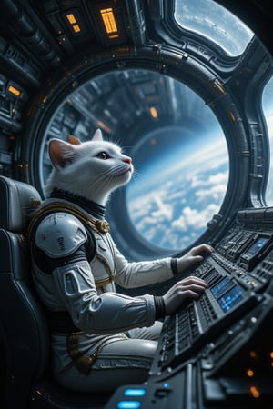 The first manned experiment on a starship, a white cat wearing a spacesuit with many high-tech blue light panels and an alien streamlined high-tech helmet with golden metal lines and a mysterious, noble and indescribable temperament. , sitting in the cockpit operating the suspended virtual panel with both hands, operating the switches inside the spacecraft, the operator's handsome and mysterious temperament is amazing,