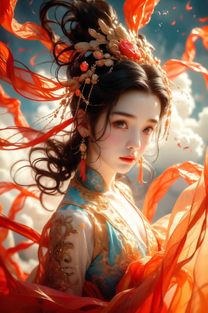 
Real photo style, a close-up of a miniature strange girl with a full moon in the sky. The girl is Chang'e, an ancient Chinese legend. She wears the costume of an ancient Chinese palace noble and flies to the moon like a superman and a fairy. She has a transparent ribbon fluttering in the wind and holds a plate in her hand. Chinese moon cakes, with cute little white rabbits running to the moon at their feet, create an eternal and charming beauty that is delicate and delicate