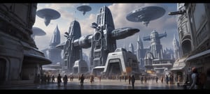 (Masterpiece), high-tech alien city, high-tech buildings, streets, spaceships, exquisite alien mechanical satellites in the background, aliens walking on the street