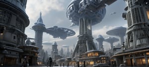 (Masterpiece), high-tech alien city, high-tech buildings, streets, spaceships, exquisite alien mechanical satellites in the background, aliens walking on the street