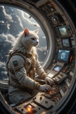 The first manned experiment of a starship, a white cat wearing a spacesuit. There are many high-tech equipment panels on the spacesuit, with golden metal lines. Sitting in the cockpit, his hands operate the suspended virtual panels, and the switches inside the spacecraft are operated. The member’s expression was relaxed,