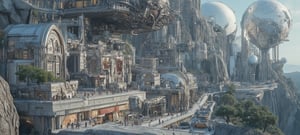 (Masterpiece), high-tech alien city, high-tech buildings, streets, spaceships, exquisite alien mechanical satellites in the background, aliens walking on the street