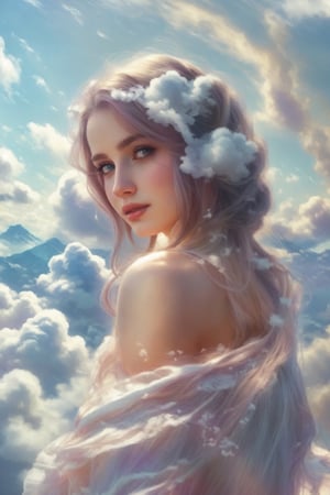 A beautiful artwork illustration, beautiful fantasy art portrait,Girl in the clouds in the sky,cloud clothing, Beautiful facial features, Fluffy clouds, White cloud hair, Beautiful digital illustration, fantasy art portrait, Clouds. fantasy, masterpiece, Cloud hair, serenity, natural lighting, volumetric lighting, clouds around

,Fairy in Clouds,edgCloud