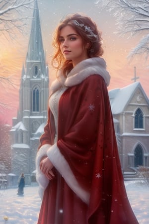 book cover, a beautiful woman, a serene winter scene, a girl gracefully standing in front of a charming snow-covered church, her elegant silhouette outlined against the soft glow  coming from within, snowflakes gently falling around her, decorating her hair and (red cloak):1,5 covered with a thin layer of frost, creating a sense of unearthly beauty and tranquility